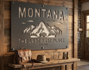 Montana Home Wall Art Metal Sign – Rustic Mountain Decor, Bison Wall Hanging, Cabin Lodge Decor, Western Wall Art, Montana Gift