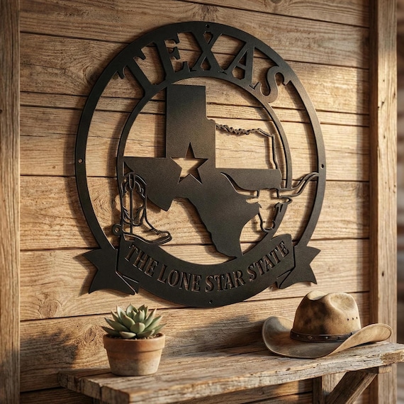 Texas Die Cut Metal Sign – Lone Star State Steel Wall Art – Rustic Western Ranch Decor – Texas Longhorn & Cowboy Boot