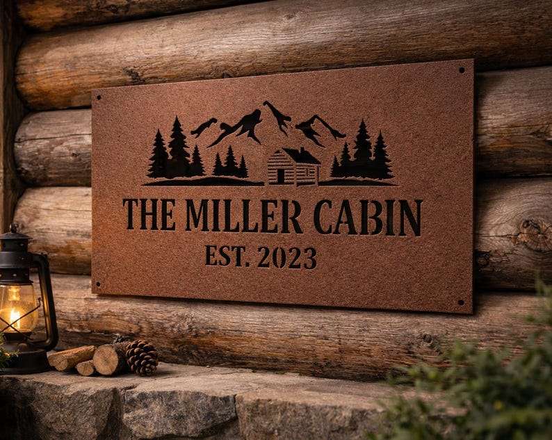 May include: A rectangular, brown metal sign with the text "THE MILLER CABIN" and "EST. 2023" in black. The sign features a mountain and cabin silhouette design. The sign is mounted on a wooden cabin wall.