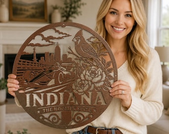 Arte de pared de metal de Indiana, letrero de metal del estado de Indiana, decoración de pared de Indiana, regalo de orgullo estatal, letrero redondo de metal troquelado para el hogar