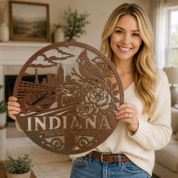 Indiana Metal Wall Art, Hoosier State Metal Sign, Indiana Wall Decor, State Pride Gift, Round Die Cut Metal Sign for Home