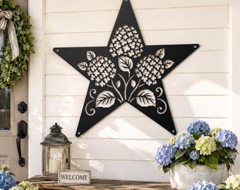 Hydrangea Barn Star Metal Sign, Farmhouse Flower Wall Decor, Rustic Garden Plaque, Country Cottage Porch Accent, Southern Home Hanging Art