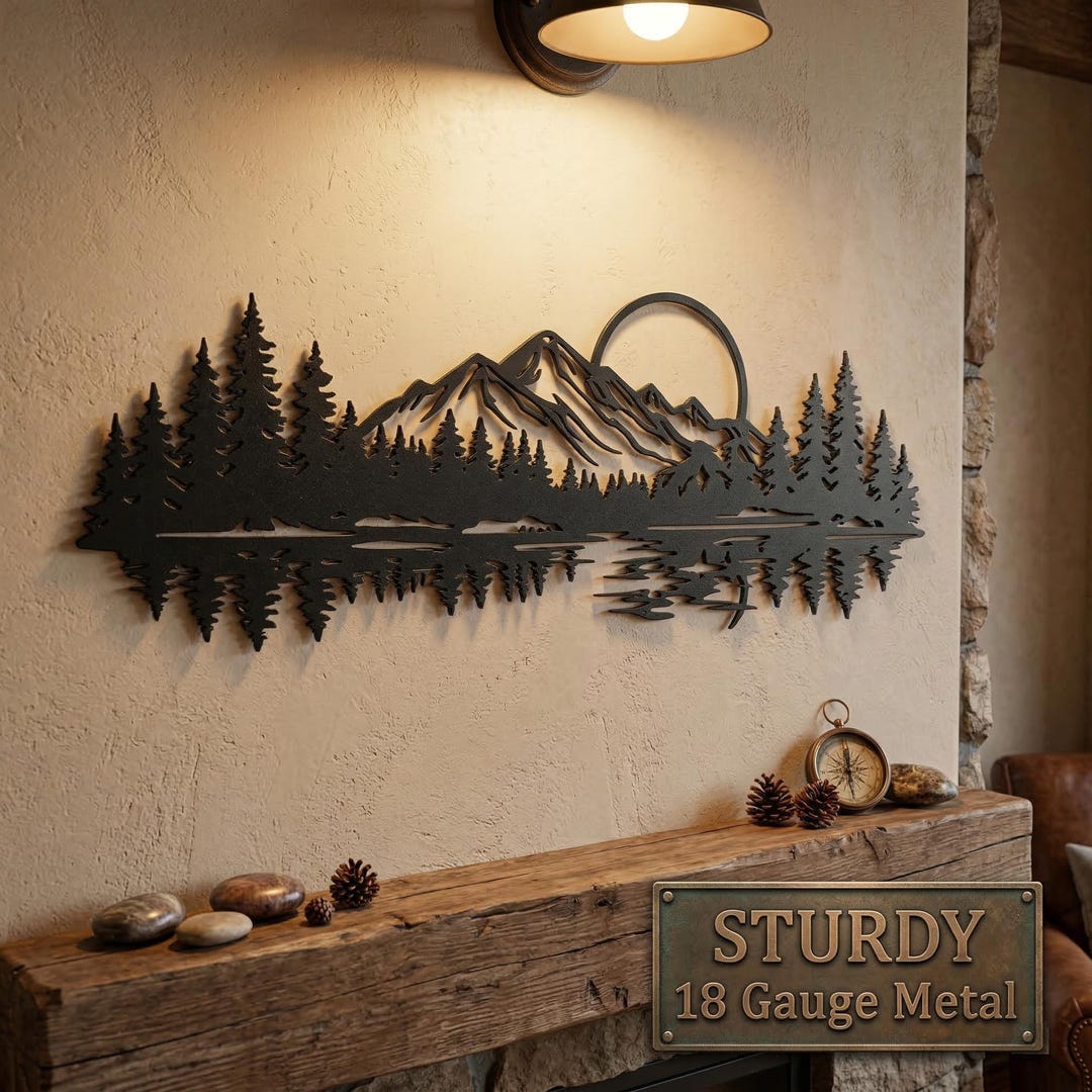 Cabin Wall Decor – Mountain Lake Metal Wall Art, Rustic Cabin Landscape ...