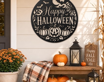 Decoración de pared metálica de Halloween, letrero redondo de calabaza troquelada, arte de porche con murciélagos, luna y telaraña, regalo navideño de otoño para la entrada de la puerta principal, acento de octubre