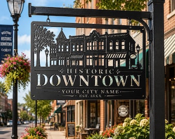 Historic Downtown Metal Sign, Custom City Name Steel Plaque, Main Street Wall Decor, Municipal Building Office Gift, Die Cut Landmark Art