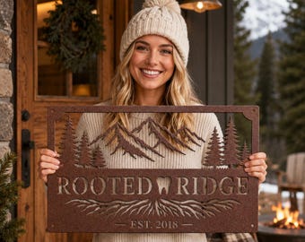 Custom Rectangular Mountain-Themed Die-Cut Metal Sign for Cabin, Home, or Business (personalize the ENTIRE design - logo, text, date, etc.)