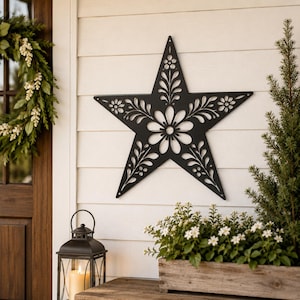 Floral Barn Star Metal Sign, Rustic Folk Art Wall Decor, Farmhouse Botanical Plaque, Country Porch Accent, Cottage Garden Housewarming Gift