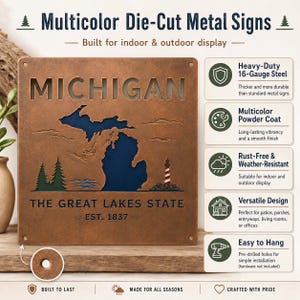 May include: A square metal sign featuring a cutout of the state of Michigan in dark blue, with the text MICHIGAN, THE GREAT LAKES STATE, and EST. 1837. The design includes green pine trees, blue water waves, and a red and white lighthouse.