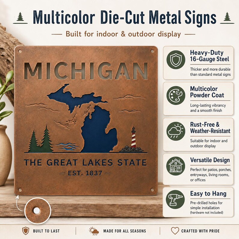 May include: A square metal sign featuring a cutout of the state of Michigan in dark blue, with the text MICHIGAN, THE GREAT LAKES STATE, and EST. 1837. The design includes green pine trees, blue water waves, and a red and white lighthouse.