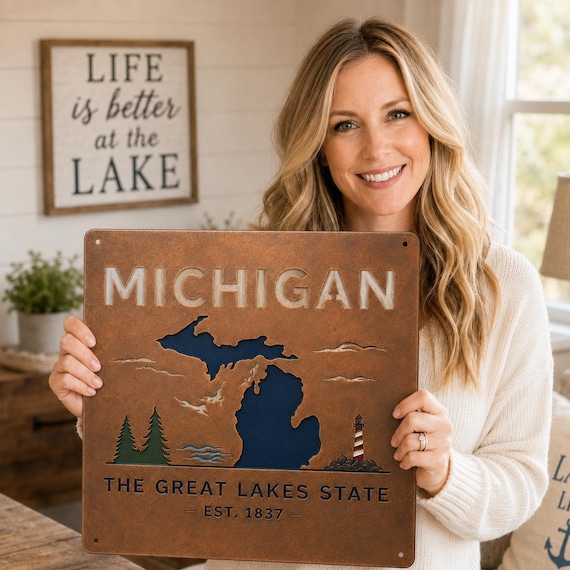 Michigan Metal Wall Art, Great Lakes State Sign, Multi Color Die Cut Metal Sign, Michigan Wall Decor, Lake House Cabin Decor, MI Home Gift