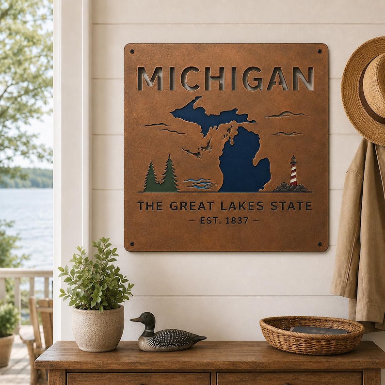 May include: A square metal wall sign with a rust-colored finish featuring a cutout map of Michigan in dark blue. The sign displays the text MICHIGAN, THE GREAT LAKES STATE, and EST. 1837, along with green pine trees and a red and white lighthouse.
