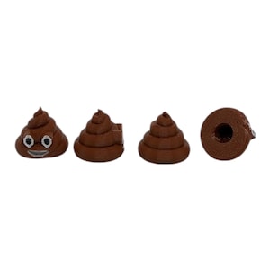 May include: Four brown poop emoji figurines. One has a smiling face with white eyes. The other three are different angles of the same poop emoji. The figurines are a solid brown color and have a spiral design.