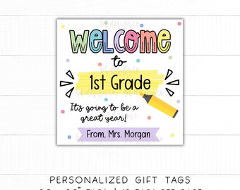 Etiquetas de regalo para el regreso a clases (1.er grado), etiqueta de regalo para el primer día de clases para maestros, etiqueta de regalo para estudiantes, etiquetas imprimibles de bienvenida.