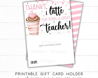 Thanks A Latte For Being A Great Teacher | Pink Coffee Gift Card Holder, Thank You Card, Teacher Appreciation, Thank You, Gift For Teacher