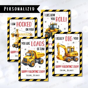 May include: Four Valentine's Day cards featuring construction vehicles, each with a black and yellow hazard stripe border. The cards have messages such as "I like how you roll!" and "Happy Valentine's Day!" with the name "Blake".