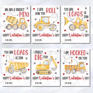 May include: Six Valentine's Day cards with watercolour illustrations of construction vehicles. Each card has a different message in red text, including "I like how you roll" and "Happy Valentine's Day!"