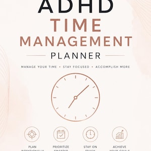 Puede incluir: Una portada de planificador de gestión del tiempo para TDAH en rosa claro con un icono de cerebro, una ilustración de reloj y cuatro iconos circulares con el texto: Plan Intentionally, Prioritize Smarter, Stay on Track, Achieve Your Goals. El texto dice: ADHD TIME MANAGEMENT PLANNER, MANAGE YOUR TIME, STAY FOCUSED, ACCOMPLISH MORE, TIME AWARENESS, BETTER FOCUS, MORE FREEDOM.