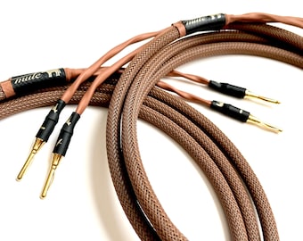 Handmade Audiophile Premium Speaker Cables – Canare 4S8 Cable – Gold Plated Copper Banana Plugs – 8’ or 10’ - Brown/Black/Gold - Mule CS-1