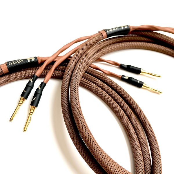 Handgefertigte Audiophile Premium Lautsprecherkabel - Canare 4S8 Kabel - Vergoldetes Kupfer Bananenstecker - 2,5 m oder 2,5 m - Braun/Schwarz/Gold - Mule CS-1