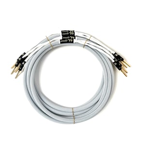 HiFi Stereo White Speaker Cable Pair handmade with Canare 4S8 Star Quad 13 Gauge cable, banana plugs, spade connectors or braid connectors.