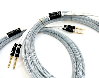 Handmade Audiophile Premium Speaker Cables – Canare 4S8 Cable – Gold Plated Copper Banana Plugs – 8’ or 10’ - White/Black/Gold - Mule CS-1