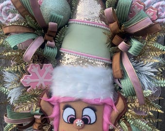 Whimsical Elf Girl Christmas Wreath | Festive Holiday Door Decor, Winter Evergreen Base