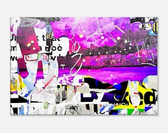 Arte mural abstracto urbano industrial sobre lienzo listo para colgar / Impresión industrial en rosa, amarillo y negro / Decoración de pared moderna para el hogar o la oficina