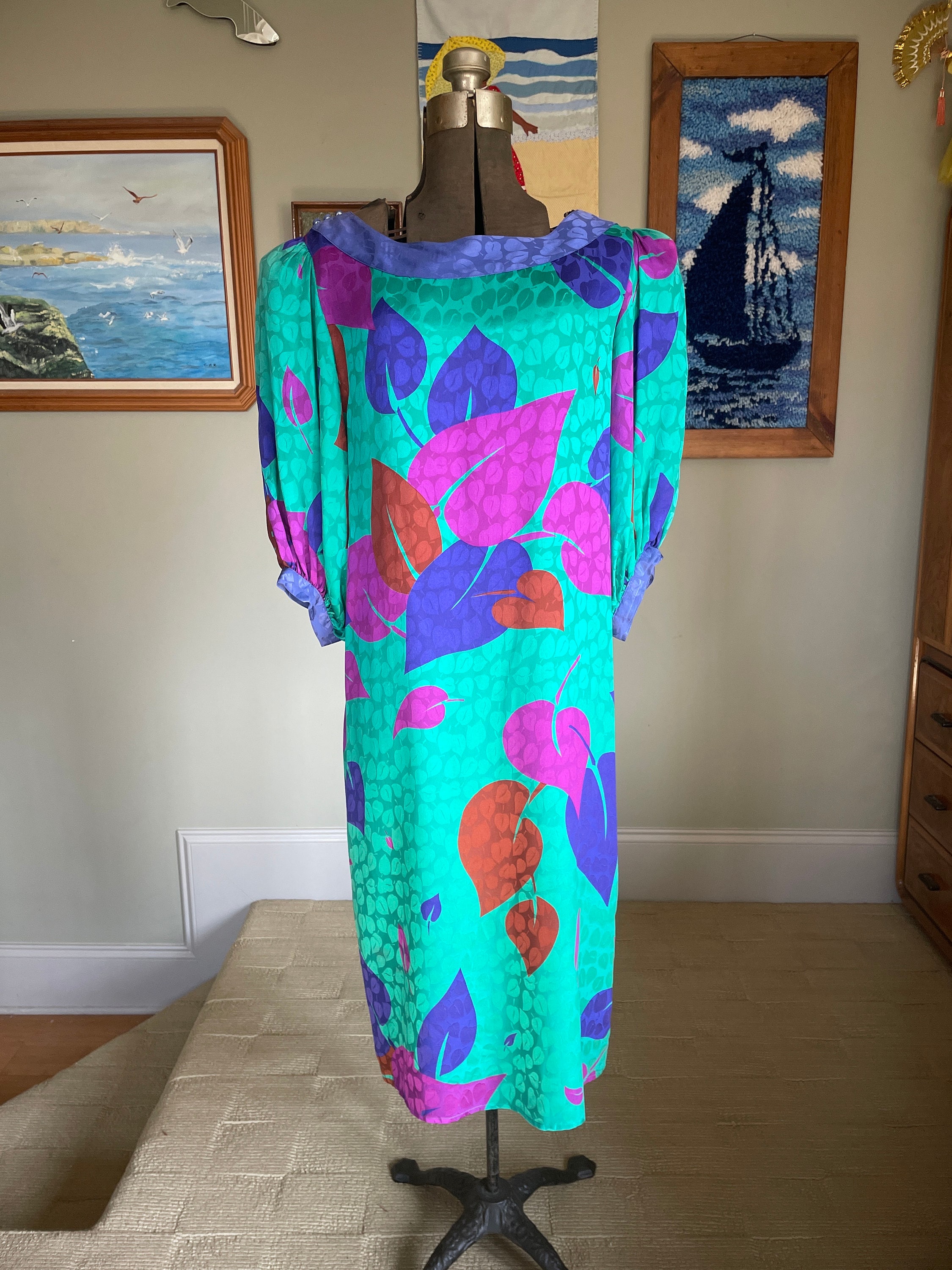 Flora Kung Silk Leaf Brocade Rare Early Shift Dress Vintage 80s