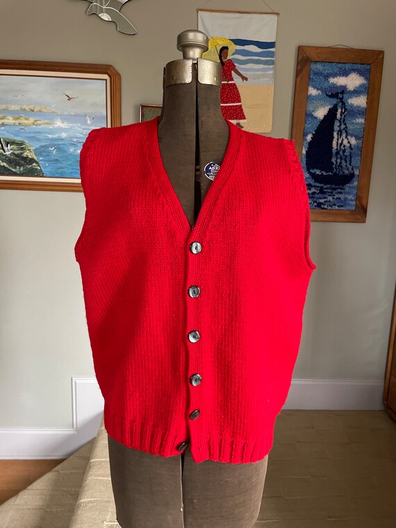 Handmade knit red sweater vest vintage grandpa st… - image 1