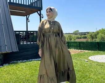 Muslim Women Wedding Dress, Muslim Dress, Hijab Evening Dress, Beads And Sequins Embroidered Front Draped Satin Fabric Tailed Evening Dress