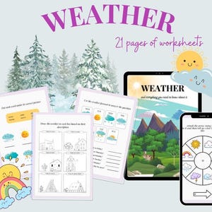 以下が含まれることがあります： 紫色の「WEATHER」という文字と「21ページのワークシート」というテキストが入った教育的な画像。画像には、ワークシート、タブレット、スマートフォンが含まれており、天気に関連するグラフィックとアクティビティが表示されています。漫画の太陽と雲も存在します。