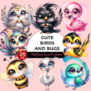 Cute Birds and Bugs Making Heart Shape | 25 PNG Watercolor | Cute Birds PNG | Cute Birds Clipart | Digital | Clipart Commercial Use