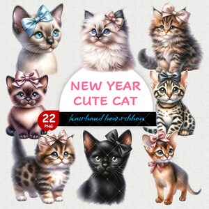 Año nuevo lindo gato con cinta de lazo de diadema, 22 PNG acuarela, imágenes prediseñadas de Año Nuevo, gato lindo, mascota, gato, decoración de Nochevieja, Año Nuevo 2024