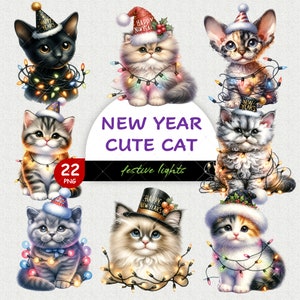 Lumières festives de nouvel an chat mignon, 22 PNG aquarelle, clipart nouvel an, chat mignon, animal de compagnie, chat, décoration de réveillon du nouvel an, nouvel an 2024, clipart numérique