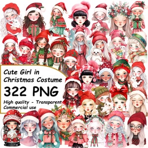 Linda garota em fantasia de natal | Clipart de Natal | Feriado | Clipart de menina fofa | Traje de Natal | Desenhos de Natal | Download digital