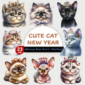 新年のヘアバンドをつけた猫のクリップアート、23 PNG 水彩画、新年のグラフィック、大晦日、猫 PNG 透明、デジタル ダウンロード