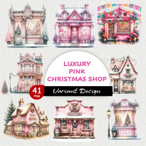 Luxury Pink Christmas Storefront Clipart | 43 PNG Festive Cozy Images | Christmas Shop | Cute Shop Clipart | Holiday Shop | Digital Download
