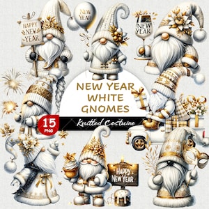 Costume en tricot de gnomes blancs du nouvel an, aquarelle 48 PNG, clipart nouvel an, décoration de la Saint-Sylvestre, carte, nouvel an 2024, clipart numérique