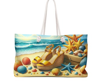 Puede incluir: Una bolsa de lona blanca con una escena de playa con conchas marinas amarillas y azules, estrellas de mar y dos pares de sandalias de cuña amarillas. La bolsa tiene asas de cuerda blanca.