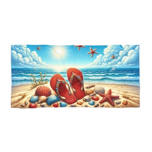 Op de afbeelding: Een strandscene met rode slippers, schelpen en zeesterren op het zand. De lucht is blauw met witte wolken en de zon schijnt.