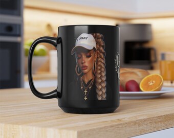 God&#39;s Girl &#39;I Pray Gold&#39; Black Mug (15oz)