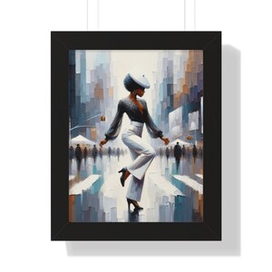 May include: A painting of a woman in a white beret and white pants walking down a city street. The woman is wearing a black top and black shoes. The background is a cityscape with tall buildings and a busy street.