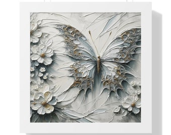 Butterfly & Flowers in Gold - Framed Print - Wall Art