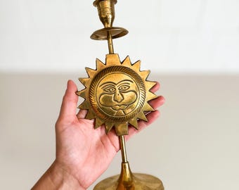 Vintage Brass Celestial Sun with Face Candlestick Holder