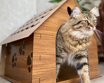 Modern houten kattenhuis – dierenasiel voor buiten, winterwarmte
