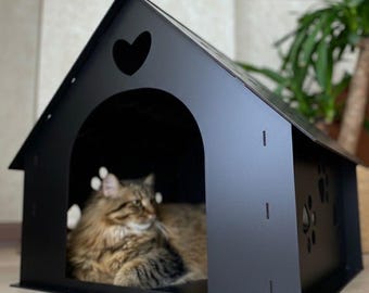 Modern zwart houten kattenhuis, gepersonaliseerd huisdierhuis