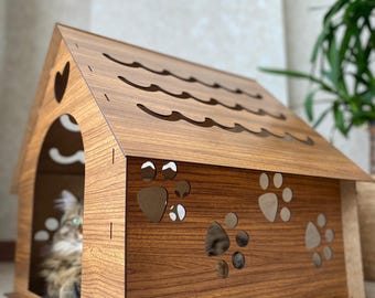 Handgemaakt houten kattenhuis, moderne kattenopvang voor binnen