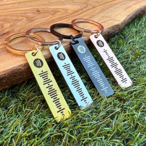 Peut inclure: Quatre porte-clés avec des étiquettes rectangulaires de différentes couleurs. Les anneaux sont dorés, noirs et or rose. Les étiquettes sont dorées, bleu clair, grises et or rose, chacune avec un graphisme musical et un motif en forme de code-barres.