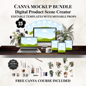 Puede incluir: Un paquete de maquetas de creador de escenas de productos digitales con plantillas editables y accesorios móviles. La imagen presenta una computadora portátil, una computadora de escritorio, una tableta y un teléfono inteligente, todos mostrando una escena de paisaje. Los accesorios adicionales incluyen plantas, artículos de papelería y tazas de café. El texto dice "CANVA MOCKUP BUNDLE".