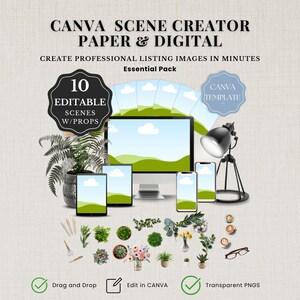 Op de afbeelding: Een afbeelding die een Canva Scene Creator promoot voor papieren en digitale listings. Het toont een computermonitor, tablets en smartphones met landschapsbeelden, samen met rekwisieten zoals planten, brillen en een bureaulamp. Tekst bevat "10 Bewerkbare Scènes met Props".